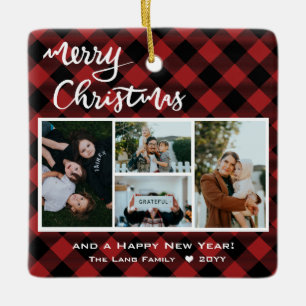 Adorno De Cerámica Rustic Red Buffalo Check Merry Christmas