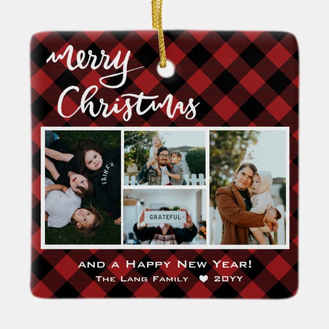 Adorno De Cerámica Rustic Red Buffalo Check Merry Christmas (Anverso)
