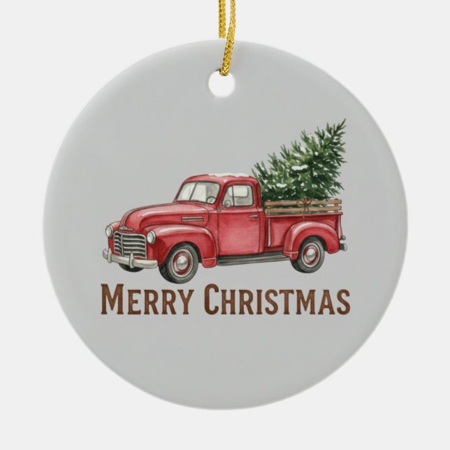 Adorno De Cerámica Rustic Red Truck Christmas Farmhouse Pine Tree (Frente)