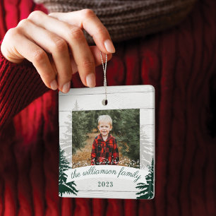 Adorno De Cerámica Rustic Wood Pine Christmas Trees Family Photo