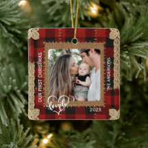 Rustic Wood Plank Plaid First Christmas Family