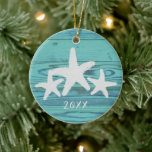 Adorno De Cerámica Rustic Wood Starfish Limpet Shell Blue<br><div class="desc">This time the old boards have been given a new look and theme.  The plain old boards have been given a blue color and a beach/nautical theme.</div>