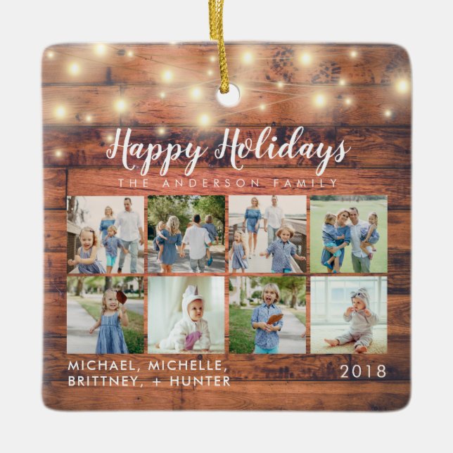 Adorno De Cerámica Rustic Wood String Lights 8 Photo Holiday (Anverso)