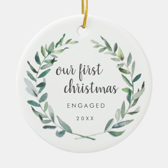 Adorno De Cerámica Rustic Wreath Photo Our First Christmas Engagement (Frente)