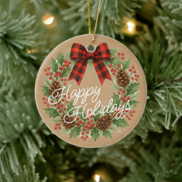 Adorno De Cerámica Rústico Holly Wreath Red Black Checkup Bow