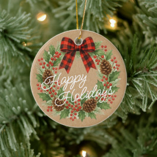 Adorno De Cerámica Rústico Holly Wreath Red Black Checkup Bow