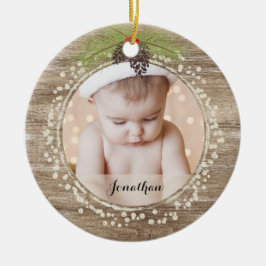 Adorno De Cerámica Rústico Navidad Pino Branch & Berries Woodgrain