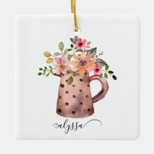 Adorno De Cerámica Rústico Pitcher Peach & Mauve Watercolor Floral