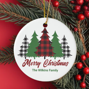 Adorno De Cerámica Rústico Red Plaid Merry Christmas Treys Personaliz
