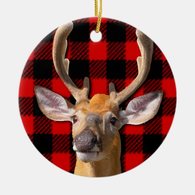 Adorno De Cerámica Rústico rojo y negro plaid - venado (Frente)