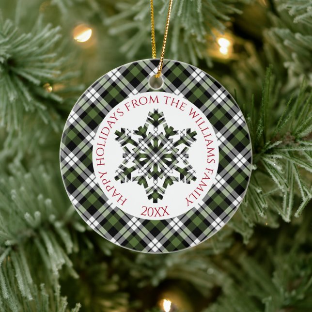 Adorno De Cerámica Rústico tartán blanco negro verde chequea copos de (Árbol)
