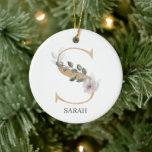 Adorno De Cerámica S Monograma Floral Personalizado<br><div class="desc">Letra S monograma floral. Letra S en textura marrón dorada acentuada con hojas de compuestos de acuarela verde,  flores y polvo de oro. Personalizado con el nombre en el tipo de letra coincidente.</div>