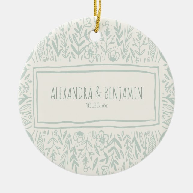 Adorno De Cerámica Sage Green Floral Art Border Wedding Couple 1st (Frente)