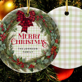 Adorno De Cerámica Sage Green Gingham Farmhouse Navidades Wreath