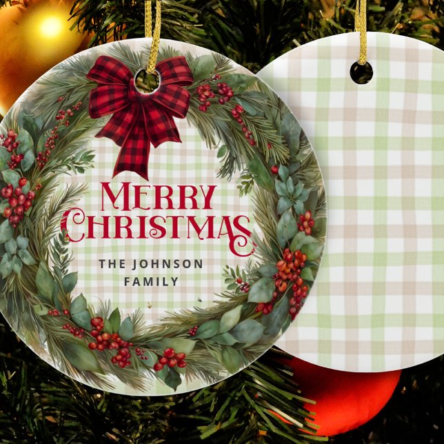Adorno De Cerámica Sage Green Gingham Farmhouse Navidades Wreath (Subido por el creador)