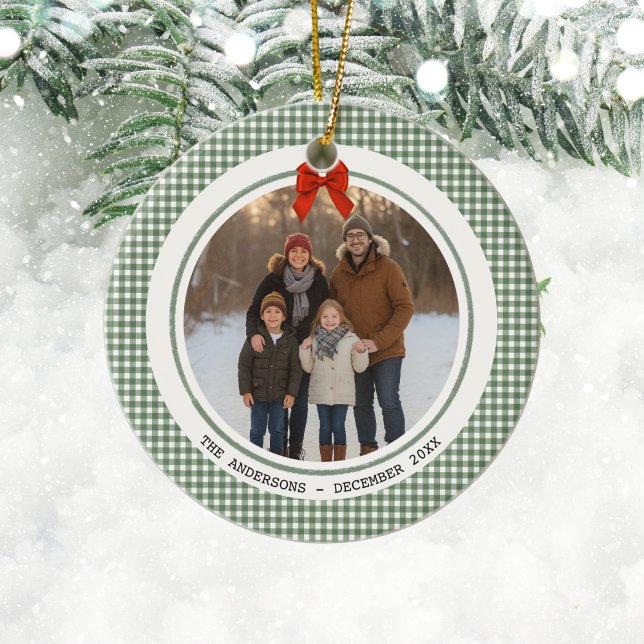 Adorno De Cerámica Sage Green Gingham Plaid Circle Photo Christmas (Green gingham plaid Christmas holiday photo ornament)