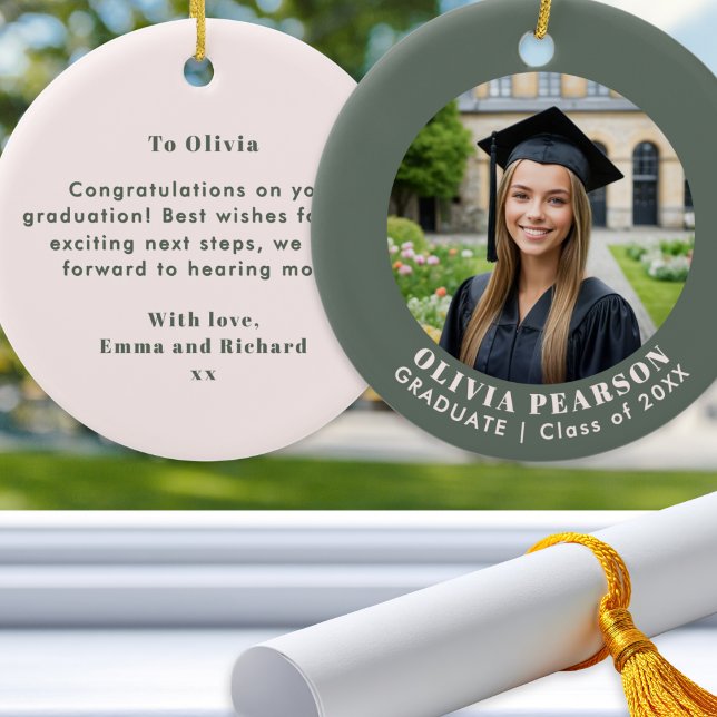 Adorno De Cerámica Sage Green Modern Photo Graduation Keepsake (A graduation ornament in sage green and blush pink, with photo, name, year and custom message)