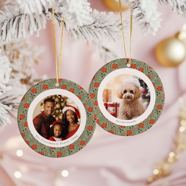 Adorno De Cerámica Sage Green Poinsettia 2 Family Photos Christmas (Poinsettia Season 2 Photo Christmas Ornament sage green)