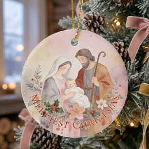 Adorno De Cerámica Sagrada Familia Pastel Rosa Acuarela Navidad TMF26