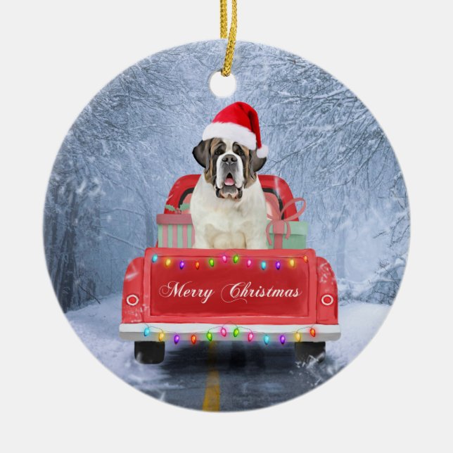 Adorno De Cerámica Saint Bernard Dog in Snow sitting Christmas Truck  (Frente)