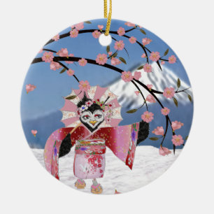 Adorno De Cerámica Sakura Geisha Pájaro en la Nieve Flor de Cerezo