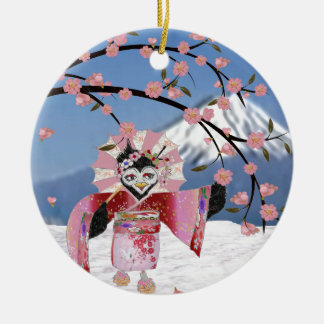 Adorno De Cerámica Sakura Geisha Pájaro en la Nieve Flor de Cerezo