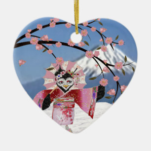 Adorno De Cerámica Sakura Geisha Pájaro en la Nieve Flor de Cerezo