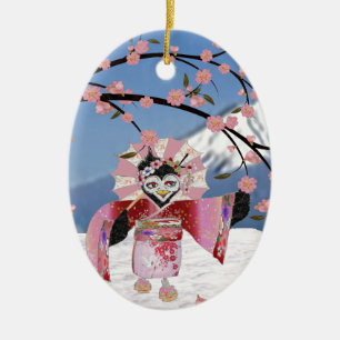 Adorno De Cerámica Sakura Geisha Pájaro en la Nieve Flor de Cerezo