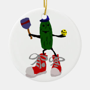 Adorno De Cerámica Salmuera divertida que sostiene Pickleball y la