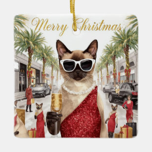 Adorno De Cerámica Saludo de Navidad de gato siamés desde California