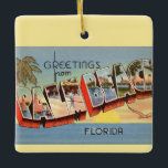 Adorno De Cerámica Saludo de Vintage Palm Beach<br><div class="desc">Un colorido y vintage saludo de postal de Palm Beach,  Florida,  reutilizado en un adorno.</div>