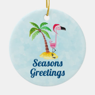 Adorno De Cerámica Saludos de temporada Flamingo rosa en Santa Hat