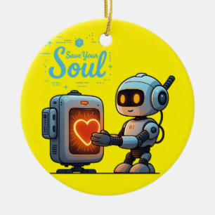 Adorno De Cerámica Salva tu alma linda robot sosteniendo el corazón -
