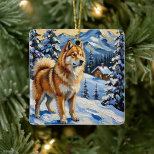 Adorno De Cerámica Samoyed antiguo en paisaje alpino de Navidad