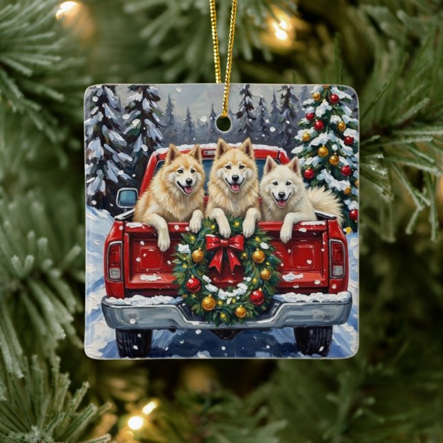 Adorno De Cerámica Samoyed Christmas Red Truck Holiday (Árbol)
