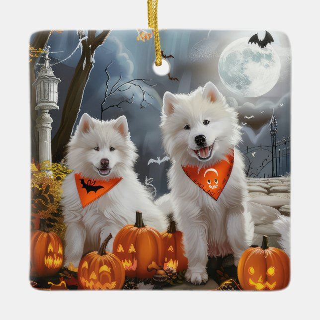 Adorno De Cerámica Samoyed Halloween Spooky (Anverso)