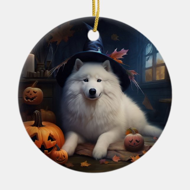 Adorno De Cerámica Samoyed Pumpkins Halloween Scary (Frente)