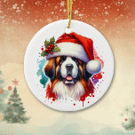 Adorno De Cerámica San Bernardo en Santa Hat Navidades personalizados<br><div class="desc">Si amas a St Bernards y quieres adorable adorno navideño,  ¡aquí tienes! Cuta acuarela estilo Art St Bernard en Santa Hat. Agregue el saludo de sus Navidades en el área de personalización.</div>