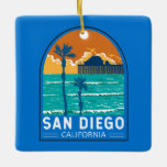 Adorno De Cerámica San Diego California Travel Art Vintage<br><div class="desc">Diseño de viaje vectorial retro de San Diego en el muelle municipal de Oceanside. San Diego,  California,  es un paraíso costero conocido por sus playas bañadas por el sol,  su vibrante escena cultural y su agradable clima durante todo el año.</div>