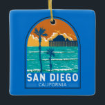Adorno De Cerámica San Diego California Travel Art Vintage<br><div class="desc">Diseño de viaje vectorial retro de San Diego en el muelle municipal de Oceanside. San Diego,  California,  es un paraíso costero conocido por sus playas bañadas por el sol,  su vibrante escena cultural y su agradable clima durante todo el año.</div>