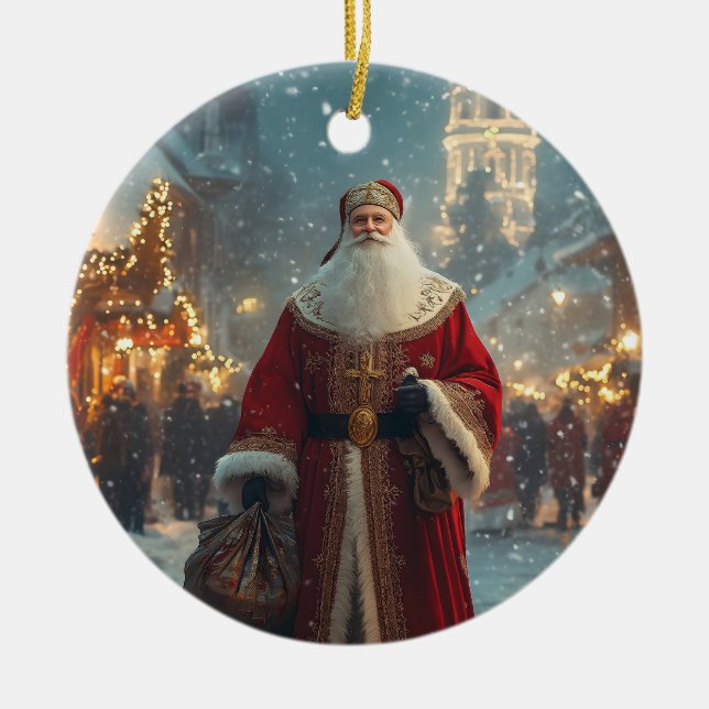 Adorno De Cerámica San Nicolás en una festiva aldea nevada (Frente)