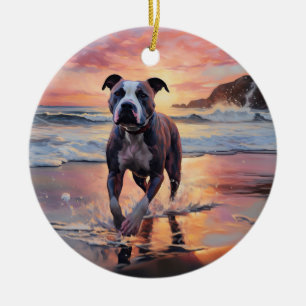 Adorno De Cerámica Sandy American Staffordshire Dog on Beach Sunset