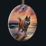 Adorno De Cerámica Sandy Paws Akita Dog en Beach Sunset<br><div class="desc">Sumérjase en la tranquila belleza de nuestro perro "Sandy Paws and Sunset Hues" en el diseño de la puesta de sol en la playa. Esta escena cautivadora capta la esencia de una velada perfecta en la orilla, con un compañero fiel canino disfrutando de la arena dorada y los tonos impresionantes...</div>