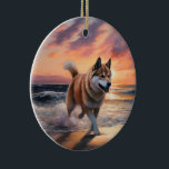 Adorno De Cerámica Sandy Paws Akita Dog en Beach Sunset<br><div class="desc">Sumérjase en la tranquila belleza de nuestro perro "Sandy Paws and Sunset Hues" en el diseño de la puesta de sol en la playa. Esta escena cautivadora capta la esencia de una velada perfecta en la orilla, con un compañero fiel canino disfrutando de la arena dorada y los tonos impresionantes...</div>