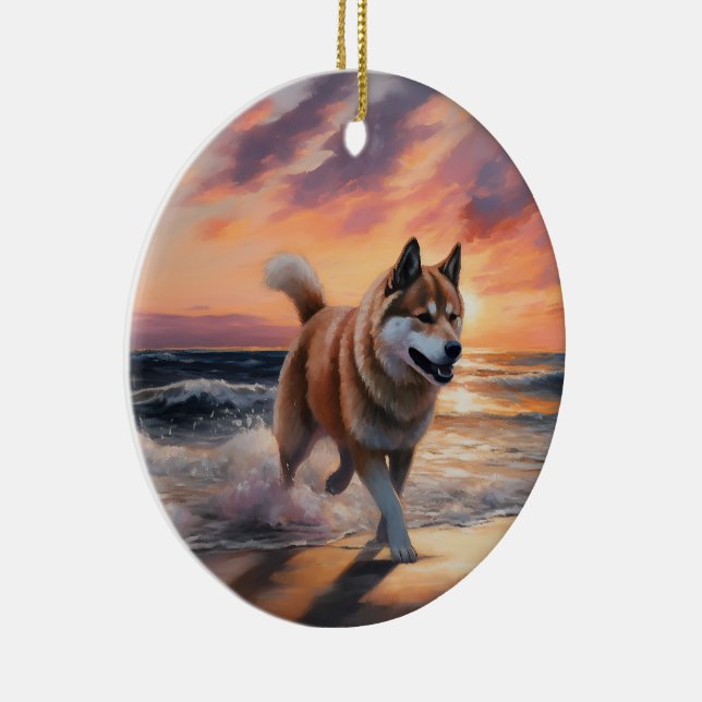 Adorno De Cerámica Sandy Paws Akita Dog en Beach Sunset (Derecha)