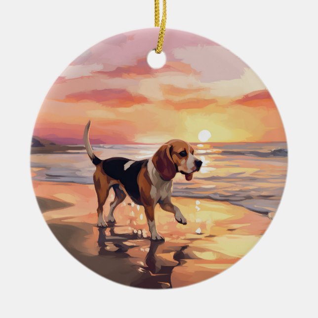 Adorno De Cerámica Sandy Paws Beagle Dog en Beach Sunset (Frente)