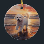 Adorno De Cerámica Sandy Paws Bichon Frise Dog en Beach Sunset<br><div class="desc">Sumérjase en la tranquila belleza de nuestro perro "Sandy Paws and Sunset Hues" en el diseño de la puesta de sol en la playa. Esta escena cautivadora capta la esencia de una velada perfecta en la orilla, con un compañero fiel canino disfrutando de la arena dorada y los tonos impresionantes...</div>