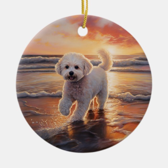 Adorno De Cerámica Sandy Paws Bichon Frise Dog en Beach Sunset (Frente)