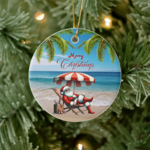 Adorno De Cerámica Santa bajo una sombrilla de playa Navidad