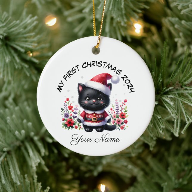 Adorno De Cerámica Santa Black Kitten personalizada Primera Navidad (Árbol)
